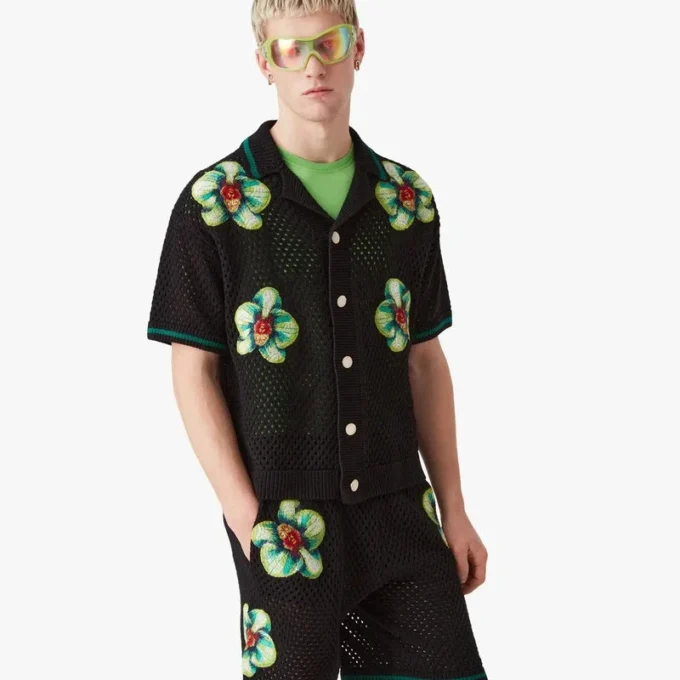 Camisa de croché de pantalón corto con bordado Glitch Orchid Camisa de croché de pantalón corto con bordado Glitch Orchid