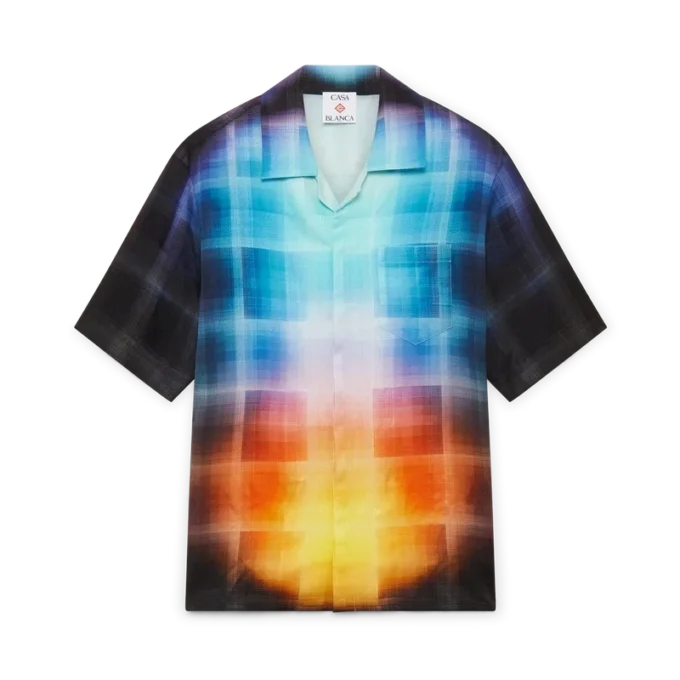 Camisa de pantalón corto de mezcla de viscosa con estampado de cuadros degradados Camisa de pantalón corto de mezcla de viscosa con estampado de cuadros degradados