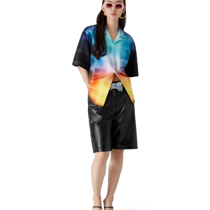 Camisa de pantalón corto de mezcla de viscosa con estampado de cuadros degradados Camisa de pantalón corto de mezcla de viscosa con estampado de cuadros degradados