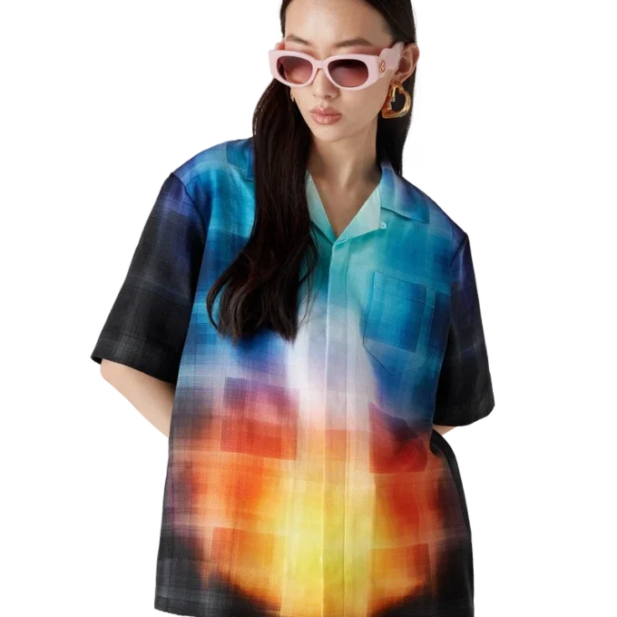 Camisa de pantalón corto de mezcla de viscosa con estampado de cuadros degradados Camisa de pantalón corto de mezcla de viscosa con estampado de cuadros degradados