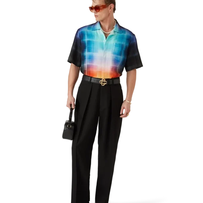 Camisa de pantalón corto de mezcla de viscosa con estampado de cuadros degradados Camisa de pantalón corto de mezcla de viscosa con estampado de cuadros degradados