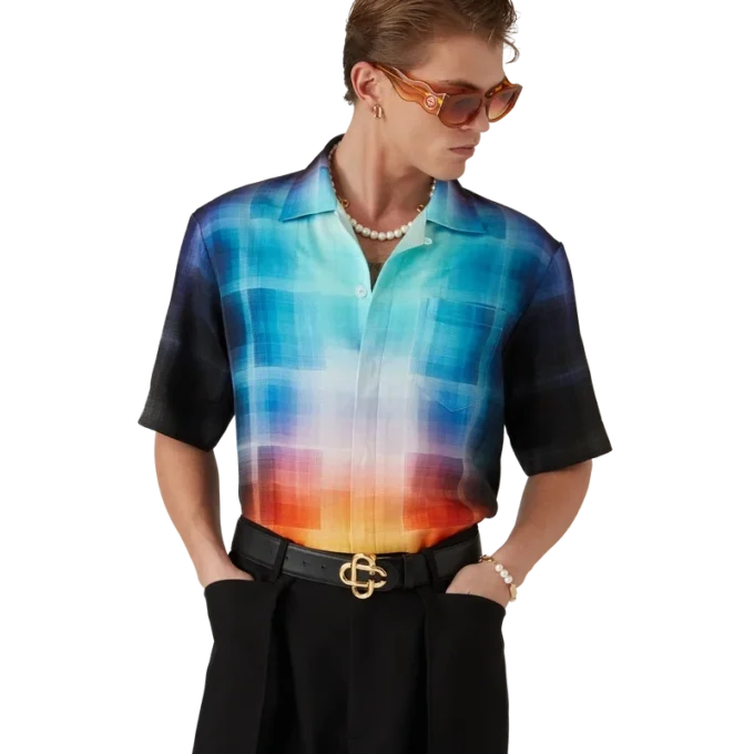 Camisa de pantalón corto de mezcla de viscosa con estampado de cuadros degradados Camisa de pantalón corto de mezcla de viscosa con estampado de cuadros degradados