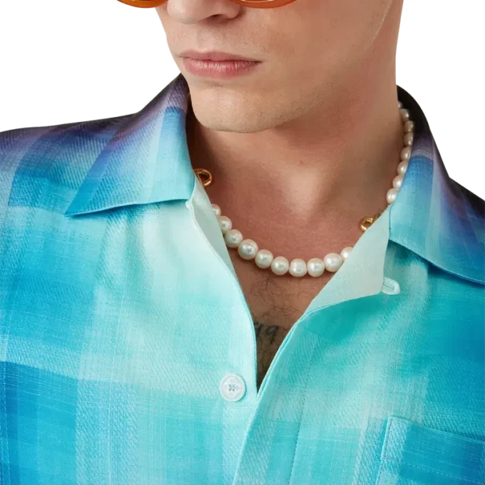 Camisa de pantalón corto de mezcla de viscosa con estampado de cuadros degradados Camisa de pantalón corto de mezcla de viscosa con estampado de cuadros degradados