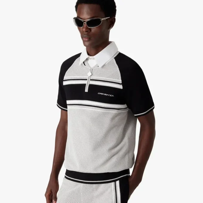 Camisas de pantalones cortos con cremallera y rayas de malla metalizada Camisas de pantalones cortos con cremallera y rayas de malla metalizada