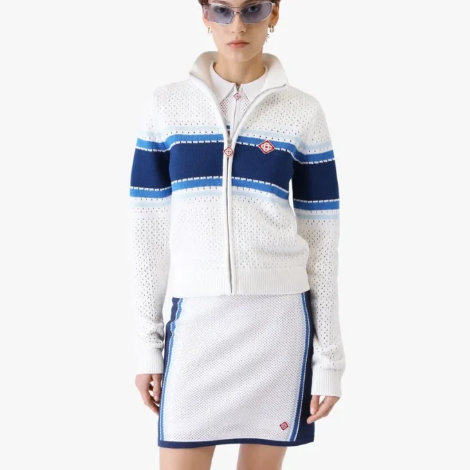 Chaqueta bomber de malla a rayas blancas y azules