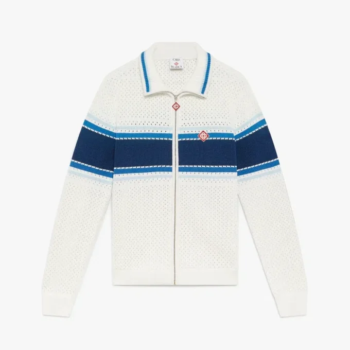 Chaqueta deportiva de malla a rayas blancas y azules