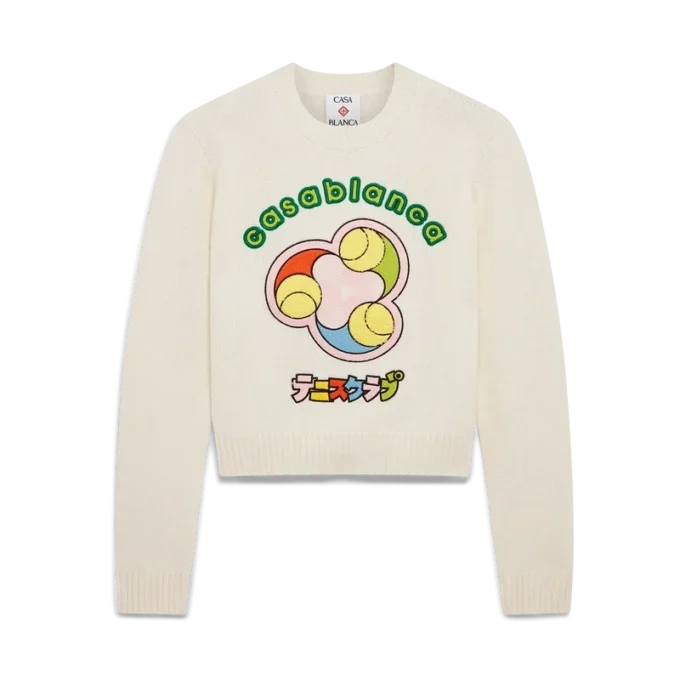 Jersey de cuello redondo de punto merino con estampado de pelotas de tenis Jersey de cuello redondo de punto merino con estampado de pelotas de tenis