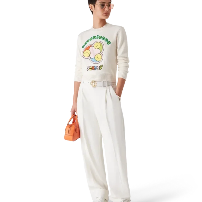 Jersey de cuello redondo de punto merino con estampado de pelotas de tenis Jersey de cuello redondo de punto merino con estampado de pelotas de tenis