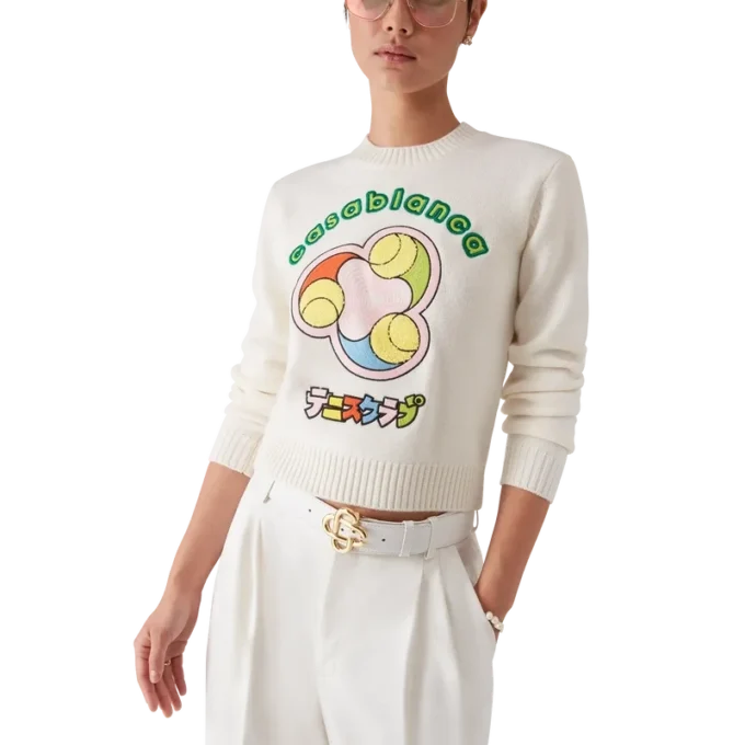 Jersey de cuello redondo de punto merino con estampado de pelotas de tenis Jersey de cuello redondo de punto merino con estampado de pelotas de tenis