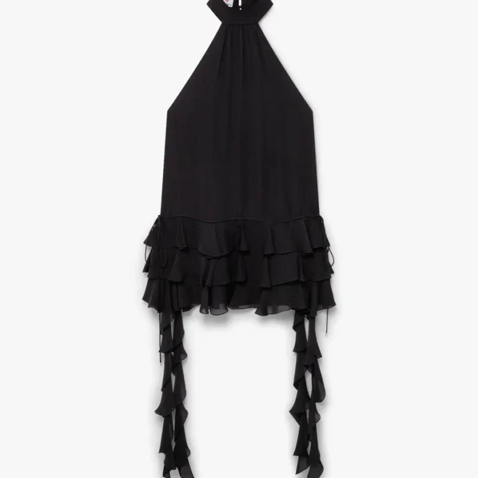 Minivestido negro de georgette con doble volante Minivestido negro de georgette con doble volante