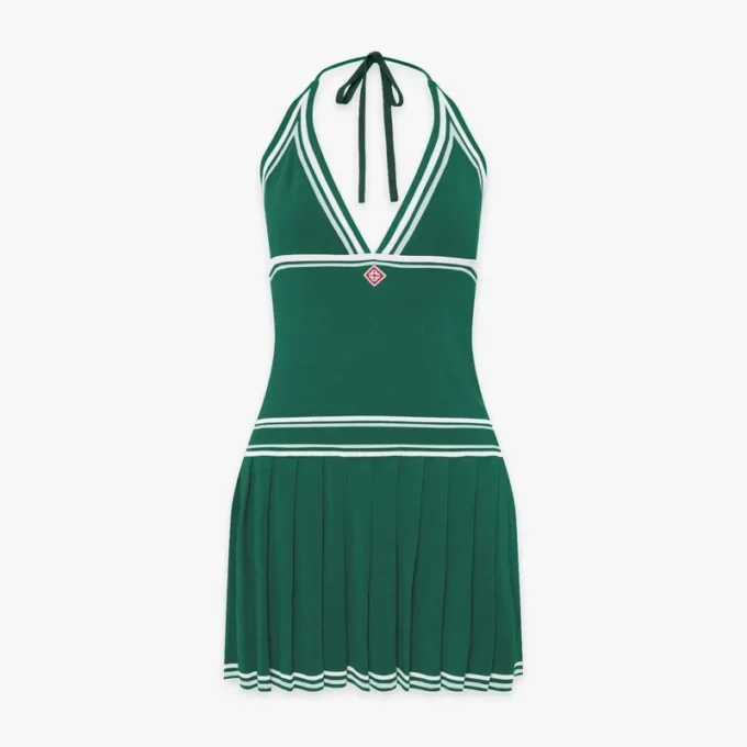 Minivestido verde plisado con cuello halter